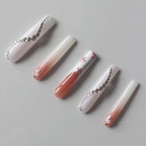 Vibeficant Progel Pink Ombre Handmade Gel Press on Nails Extra Long Coffin Rhinestone with Flower